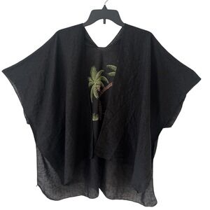 Trezo Black Open Front Kimono Caftan Duster Swim Coverup Semi Sheer Palm Tree OS